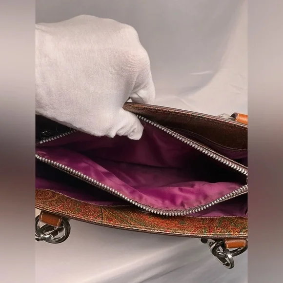 RARE Entro Paisley Handbag Satchel Satin Braided handles Fuchsia Lining vintage - Picture 7 of 16